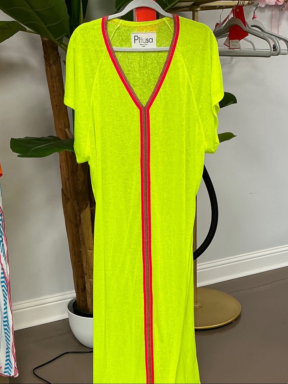 Pitusa Neon Yellow Maxi Dress with Pink Trim